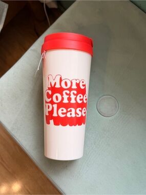 ban.do Cream Travel Tumbler with Red Lid & Graphic “more coffee please”
